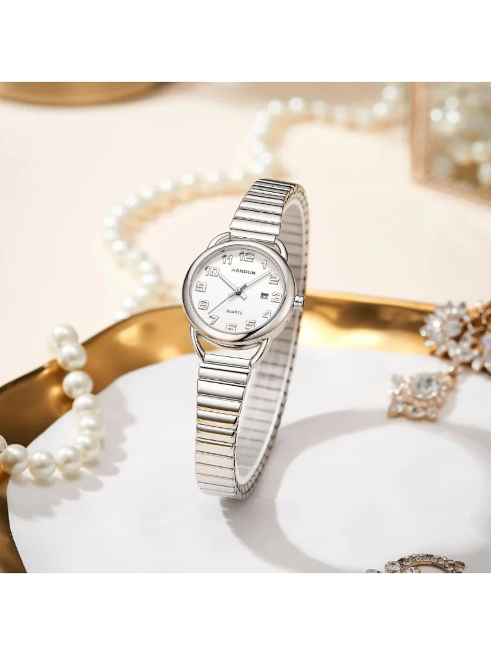 Elegant Waterproof Gold Watch for Women, Stainless Steel Expansion Band, Classic